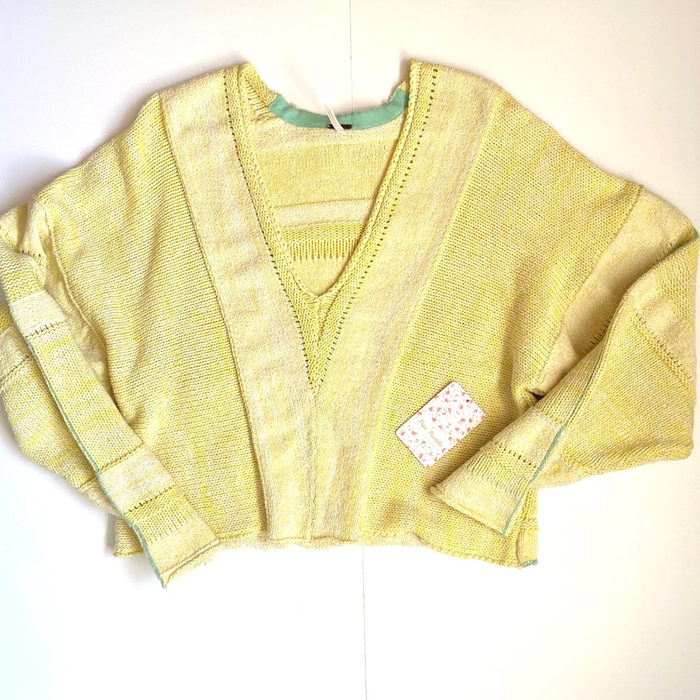 S 🔖 FREE PEOPLE Lemonade Stand Sweater Yellow V-neck Lemonade $128 OB962004 - Picture 5 of 11